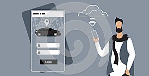 Man downloading online mobile app rent car sharing concept transportation carsharing service guy holding smartphone