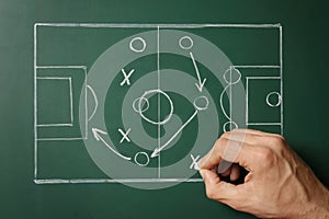 Man drawing football game scheme on chalkboard