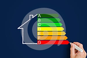 A man draws a house next to an energy efficiency rating on a blue background.