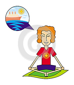 A man dreaming of a cruise on a tourist liner. Positive visualization. Vector picture.