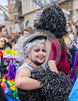 2019: A man dressed as a cheerleader attending the Gay Pride parade also known as Christopher Street Day CSD in Munich, Germany
