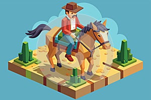 A man dressed as a cowboy rides on the back of a brown horse, Cowboy on horse Customizable Isometric Illustration