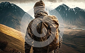 Man dressed in camouflage pattern clothing, hikes in snowy mountains. A generative AI illustration of a man walking in the hills.