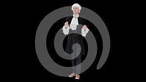 Man dressed in courtier frock coat and white wig thinking and fidgeting with his fingers, Alpha Channel