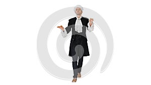 Man dressed like Mozart conducting while walking on white backgr