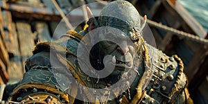 A man dressed in an ornate orc military costume stands proudly next to a majestic boat, exuding power and authority