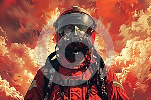 Man dressed in red space suit stands in front of vivid red sky, International Firefighters day