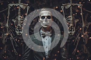 Man dressed in skeleton costume. Baron Saturday. Baron Samedi. Dia de los muertos. Day of The Dead. Halloween.