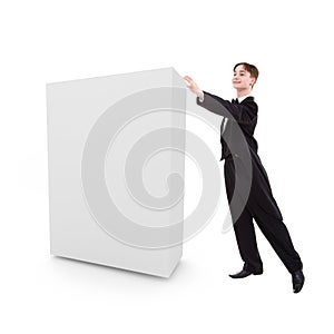 Man dressed in a tailcoat pushes a blank box