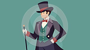 A man dressed in a top hat and coat holding a cane and referring to himself as a dandy reflecting the extravagant