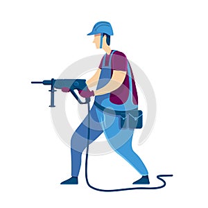 Man with drill flat color vector faceless character
