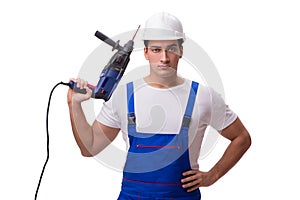 The man with drill isolated on the white