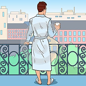 Man Drinking Coffee at the Balcony. Morning in the City. Pop Art illustration