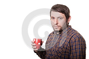 Man drinking coffee isolated on white background