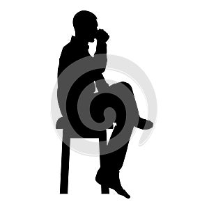 Man drinking from mug sitting on stool with crossed leg Concept relax icon black color vector illustration flat style image