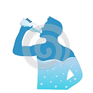 Man drinking water from bottle flow into body. hydration