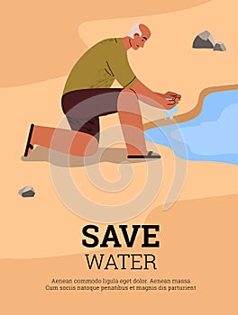 Man drinking water from puddle or pond, water scarcity concept poster with text - flat vector illustration.