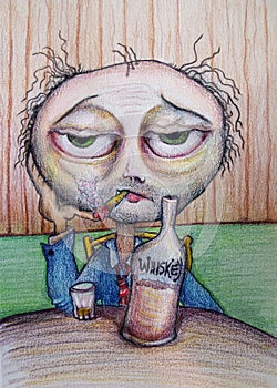 Man drinking whiskey cartoon drawing