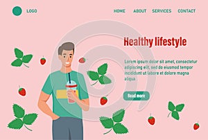 A man drinks a strawberry smoothie landing page