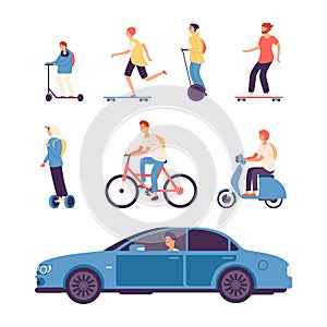 Man drive. Guys on scooter and bike, gyro scooter and skateboard. Male driving car vector illustration