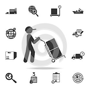 man drives packing boxes in a cart icon. Detailed set of logistic icons. Premium graphic design. One of the collection icons for w