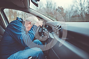 Man driving car and falling asleep at the wheel, transportation concept