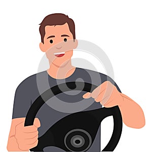 Man Driving a Car, Front View from the Inside, Male Driver Character Holding Hands on a Steering Wheel
