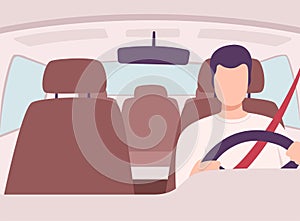 Man Driving a Car, Front View from the Inside, Male Driver Character Holding Hands on a Steering Wheel Vector