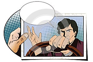 Man driving a car. Hand with photo.