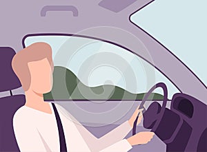 Man Driving a Car, Male Driver Character Holding Hands on a Steering Wheel, View from the Inside Vector Illustration