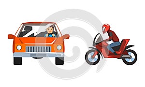 Man Driving Car and Riding Bike Speeding Along the Road Vector Set