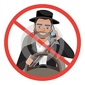 man driving a car talking on the phone. sign stop danger