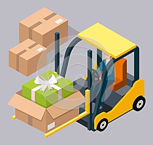 Man driving and controling the forklift illustration, carries a cardboard box with a gift inside