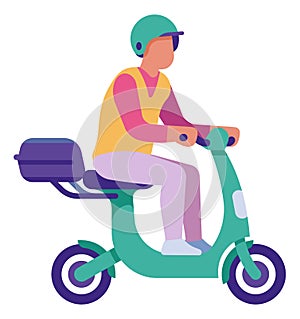 Man driving elecrtic scooter. Delivery courier in city