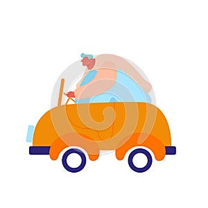 Man Driving Little Baby Toy Car Isolated on White background. Male Character Playing with Plaything for Children