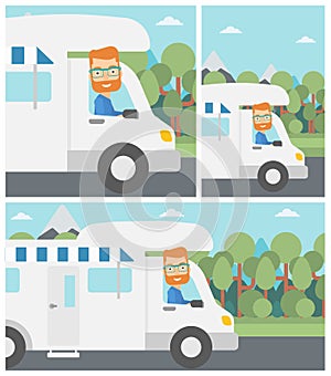 Man driving motor home vector illustration.