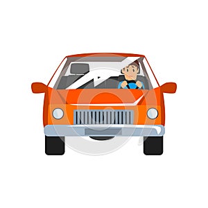 Man driving red car, front view vector Illustration isolated on a white background