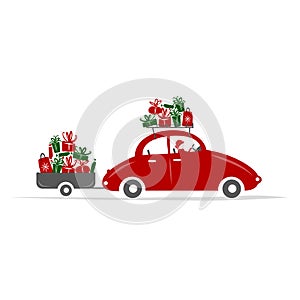 Man driving red car with gift boxes