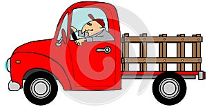 Man driving a red stake-side truck