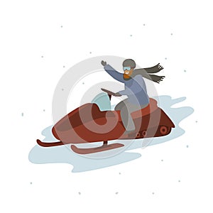 Man driving snowmobile, winter cartoon vector illustration