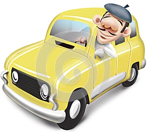 Man driving yellow car renault 4