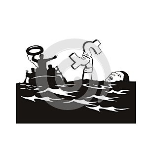 Man Drowning With Debt Dollar Being Rescued Retro Black and White