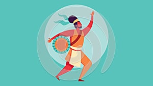 A man with a drum sped to his back dancing and twirling in the midst of the circle embodying the spirit of celebration photo