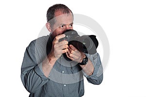 Man With DSLR Camera on White Background