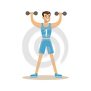 Man With Dumbbells , Member Of The Fitness Club Working Out And Exercising In Trendy Sportswear