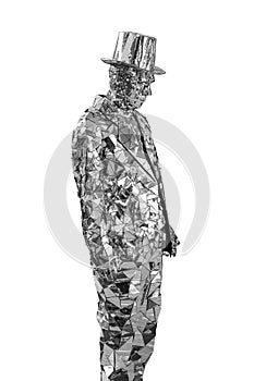 Man dummy in a suit and top hat of pieces of glass mirrors