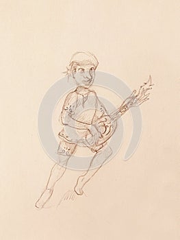 Man (Dwarf) plaing lute. pencil sketch on paper. Original hand draw.
