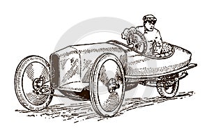 Man from the early 20th century driving an antique three-wheel racing cyclecar