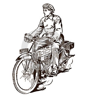 Man from the early 20th century riding an antique motorcycle, in three-quarter view