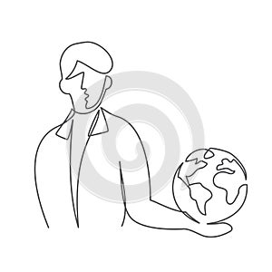 Man with earth globe on hand One line drawing on white